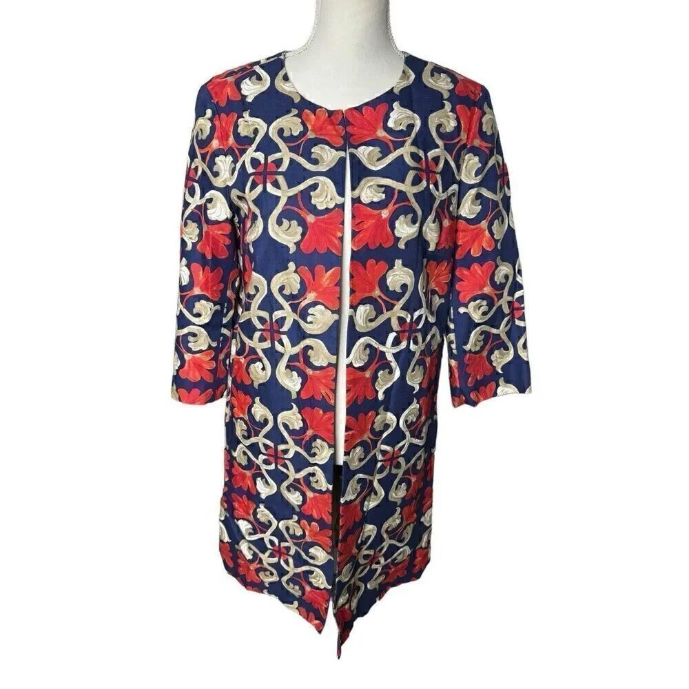 J. MCLAUGHLIN SUSSEX MIDI Jacket Red Navy Floral Canvas Long Line Sz Med NEW!